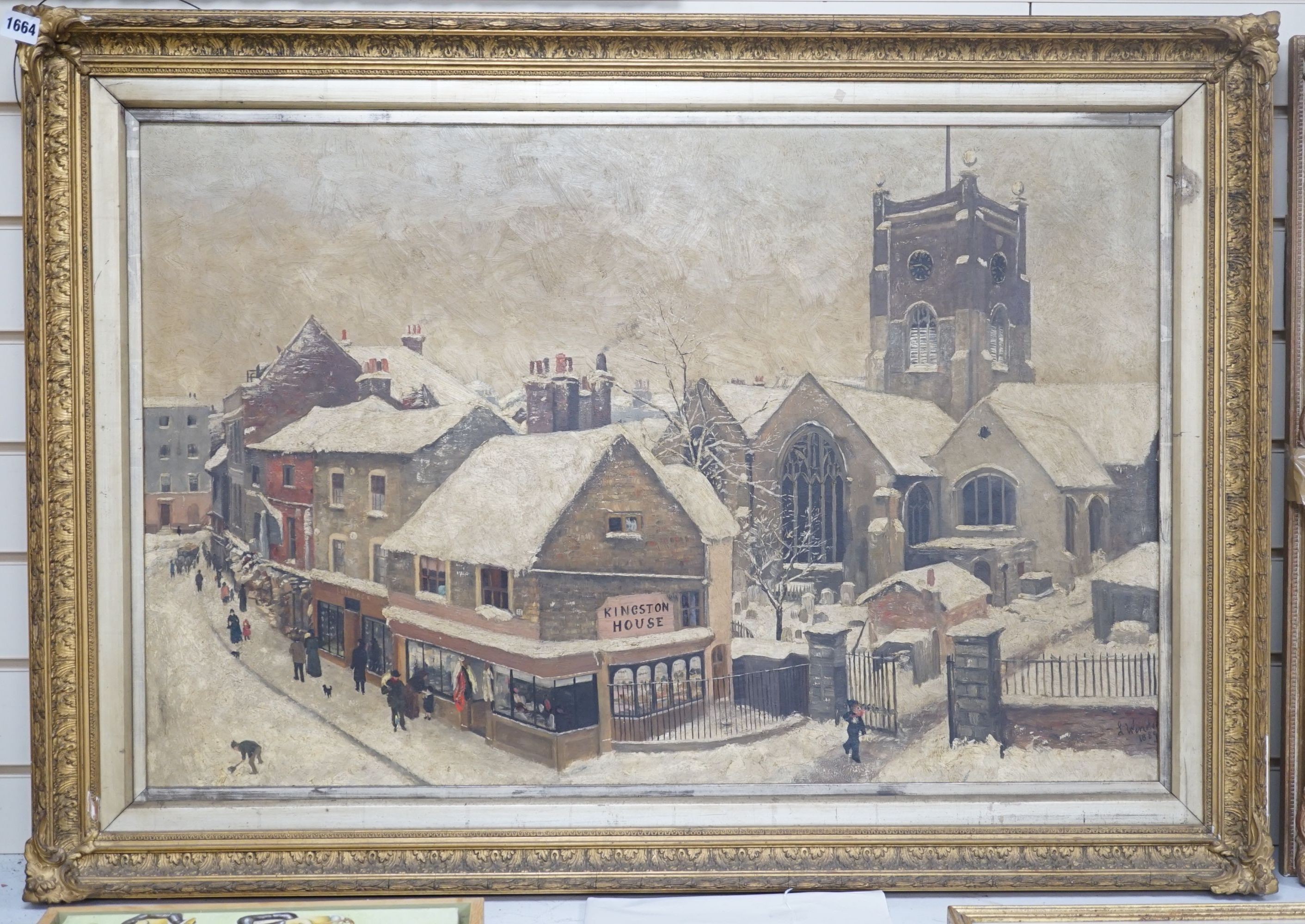 L. Windsor (19th C.), oil on canvas, Street scene under snow with Kingston House on the corner, signed and dated 1889, 58 x 89cm